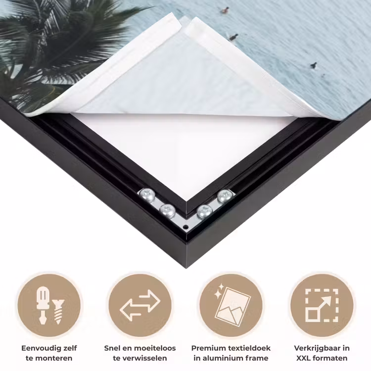 Oceaan - Palmbomen - Surfers Textielframe zwart klein -USP_closeupNL