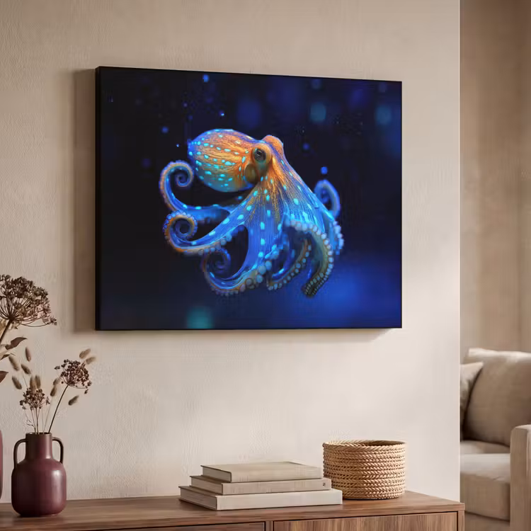 Octopus - Stippen - Blauw - Zee Textielframe - compleet frame klein -sfeer3