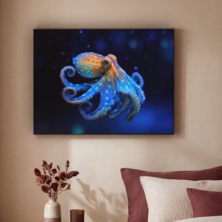 Octopus - Stippen - Blauw - Zee Textielframe zwart klein -sfeer1