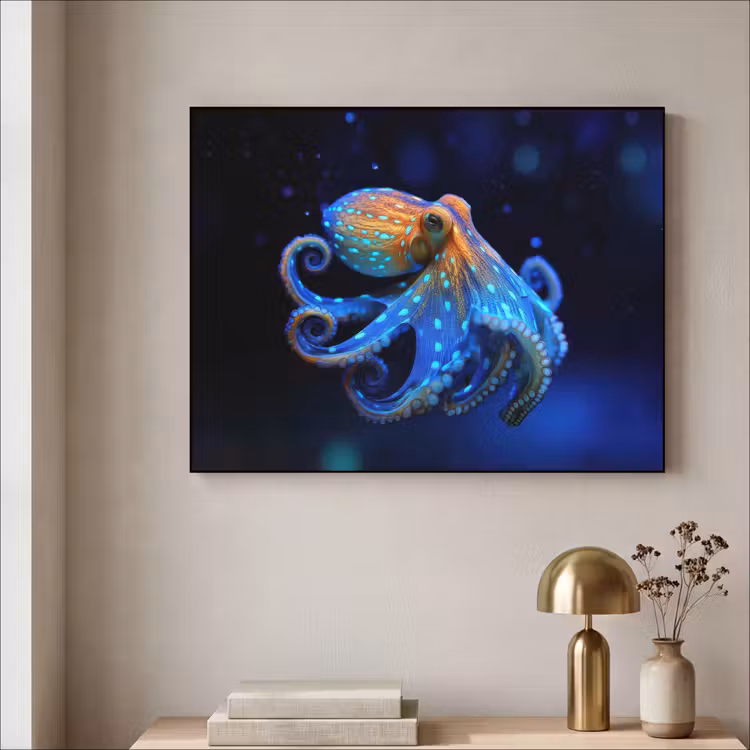 Octopus - Stippen - Blauw - Zee Textielframe - compleet frame klein -sfeer2