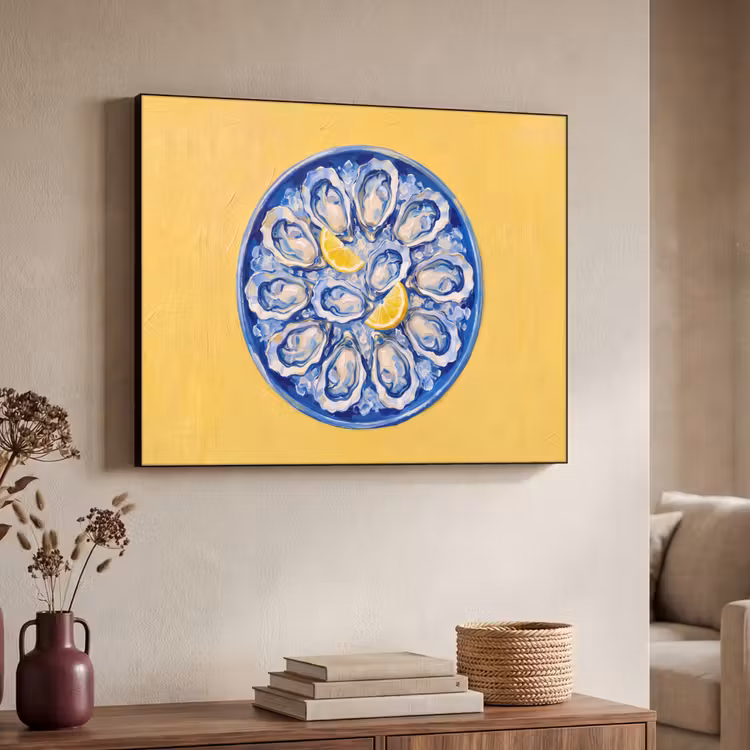 Oesters - Citroen - IJs - Modern - Geel Textielframe zwart klein -sfeer3