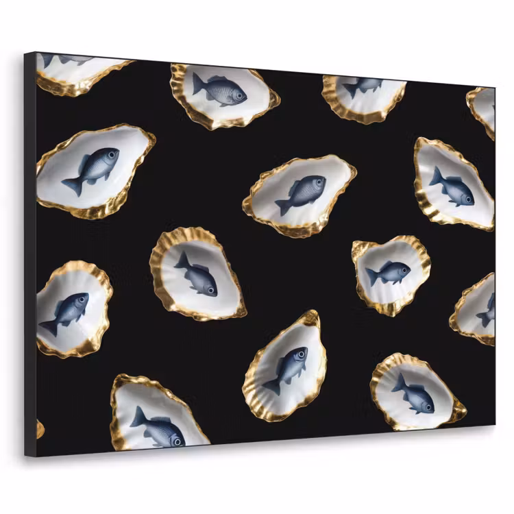 Oesters - Vissen - Blauw - Goud Textielframe - compleet frame klein -3d