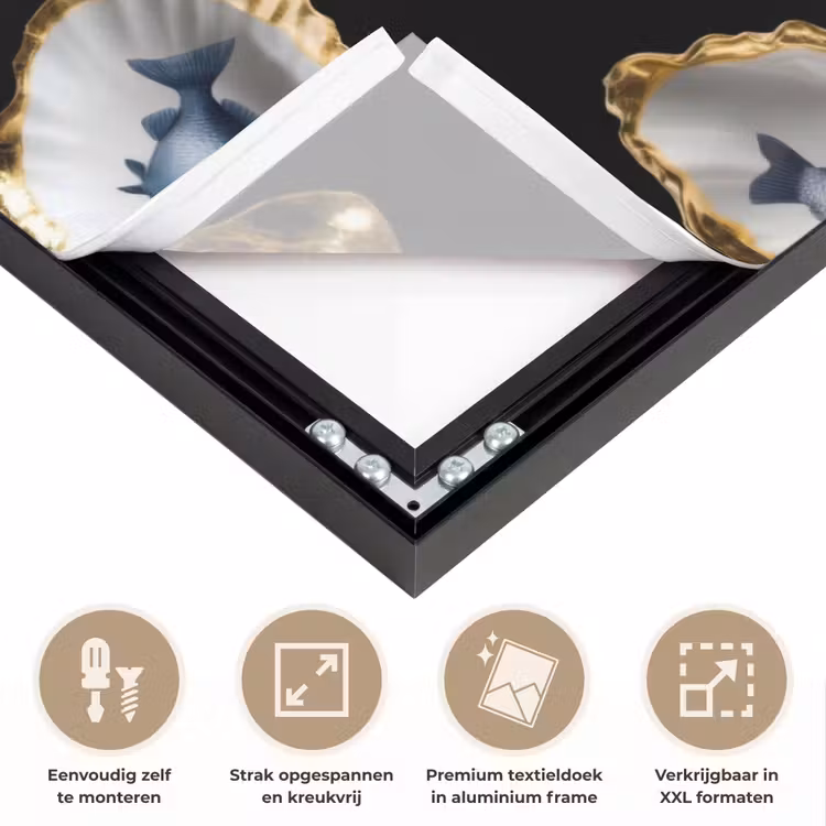 Oesters - Vissen - Blauw - Goud Textielframe zwart klein -USP_feed_closeupNL
