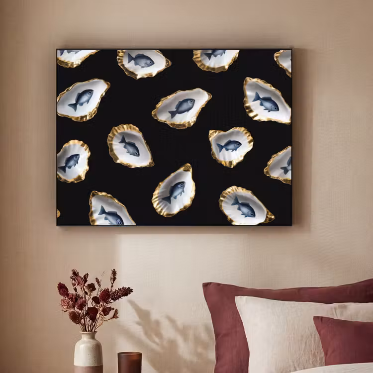 Oesters - Vissen - Blauw - Goud Textielframe zwart klein -sfeer1