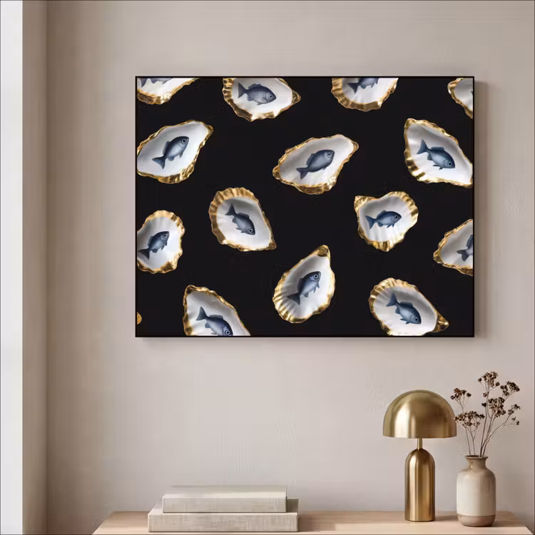 Oesters - Vissen - Blauw - Goud Textielframe - compleet frame klein -sfeer2
