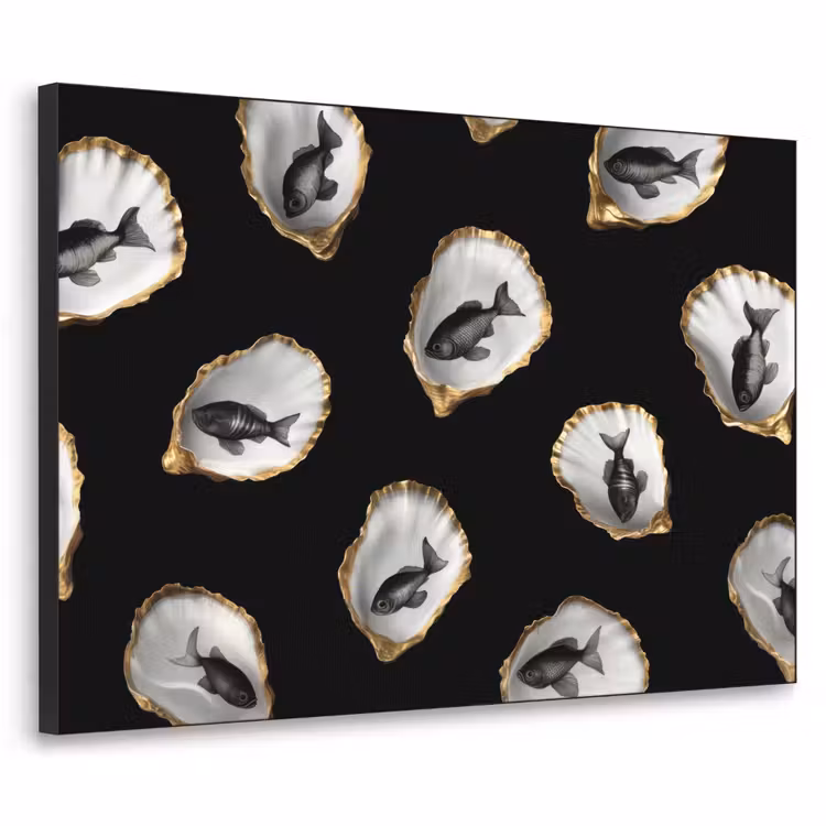 Oesters - Zwart - Vissen - Goud Textielframe - compleet frame klein -3d