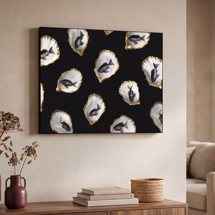 Oesters - Zwart - Vissen - Goud Textielframe zwart klein -sfeer3