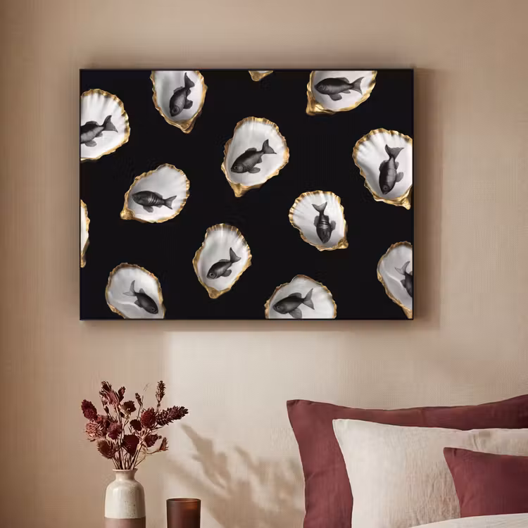 Oesters - Zwart - Vissen - Goud Textielframe - compleet frame klein -sfeer1