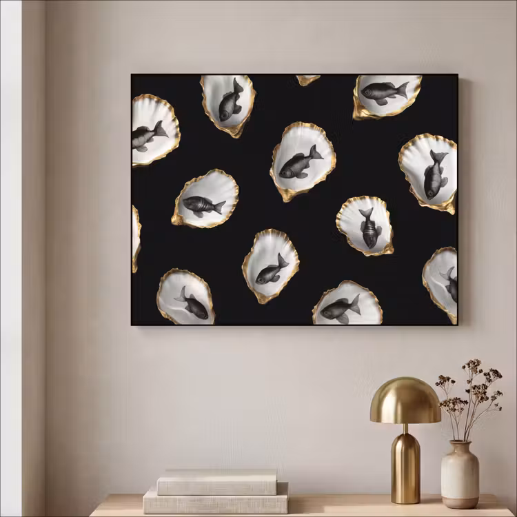 Oesters - Zwart - Vissen - Goud Textielframe zwart klein -sfeer2