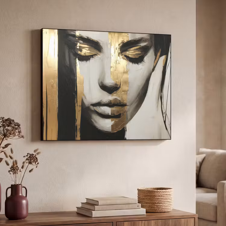 Ogen - Gezicht - Goud - Strepen Textielframe - compleet frame klein -sfeer3
