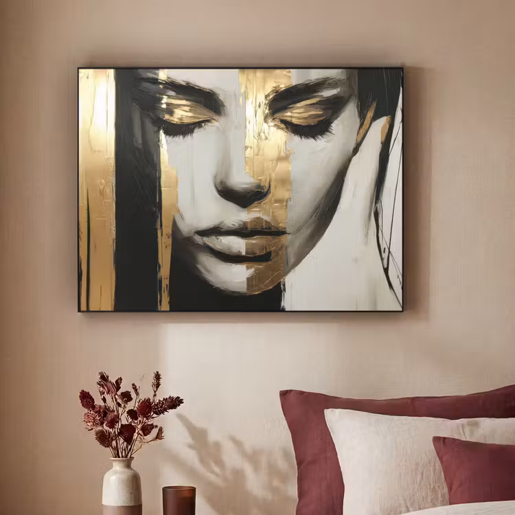 Ogen - Gezicht - Goud - Strepen Textielframe - compleet frame klein -sfeer1