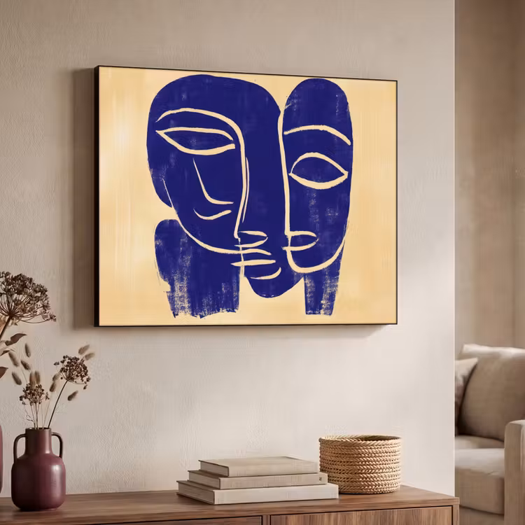 Okergeel - Blauw - Eenvoudige lijnen Textielframe zwart klein -sfeer3