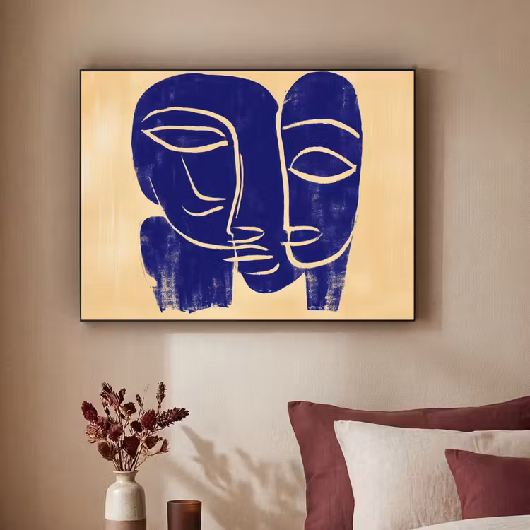 Okergeel - Blauw - Eenvoudige lijnen Textielframe zwart klein -sfeer1