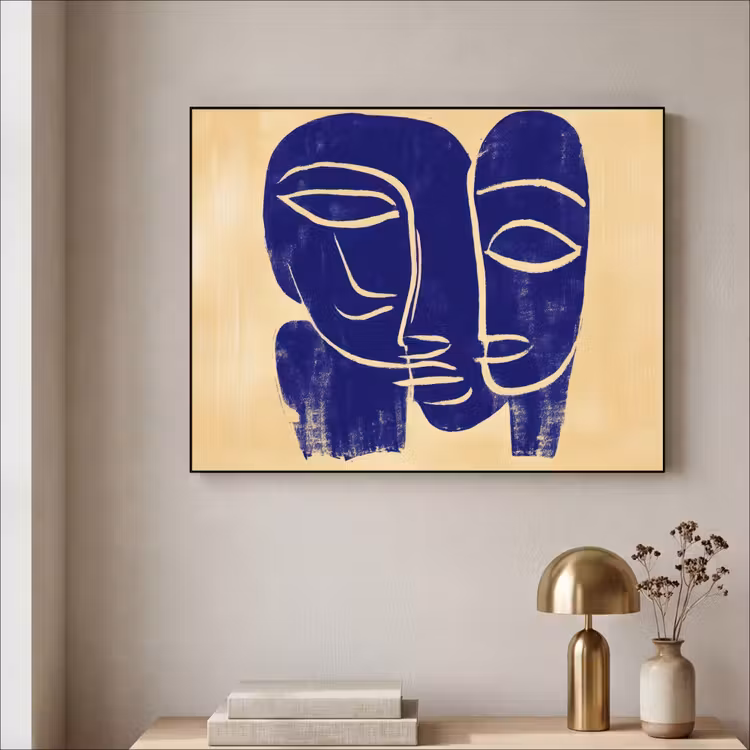 Okergeel - Blauw - Eenvoudige lijnen Textielframe - compleet frame klein -sfeer2