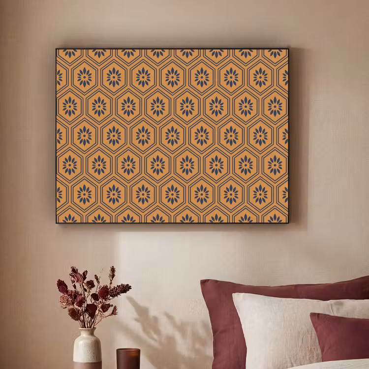 Okergeel - Patroon - Bloem - Donkerblauw Textielframe - compleet frame klein 947 -sfeer1