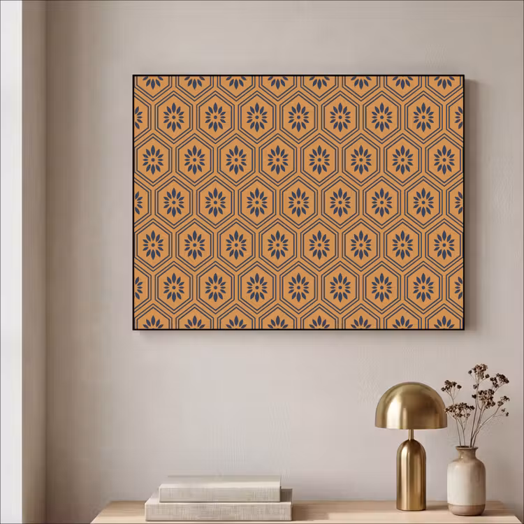 Okergeel - Patroon - Bloem - Donkerblauw Textielframe zwart klein 947 -sfeer2