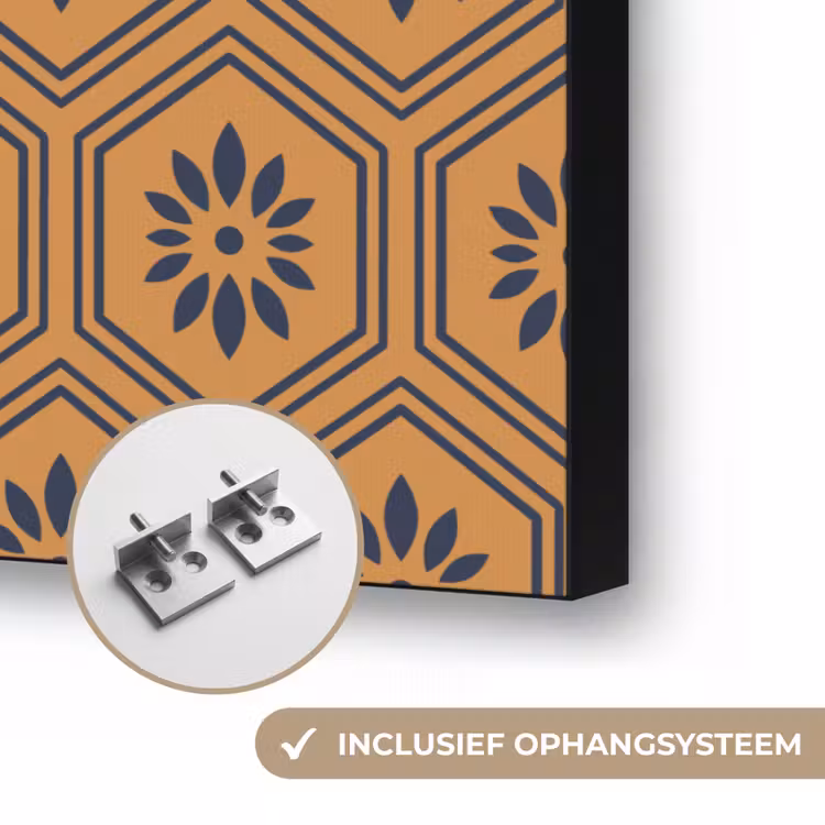 Okergeel - Patroon - Bloem - Donkerblauw Textielframe zwart klein 947 -USP_ophangsysteemNL