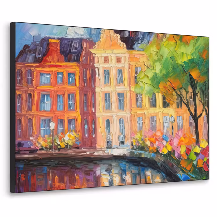 Olieverf - Amsterdam - Kunst - Kleurrijk Textielframe zwart klein -3d