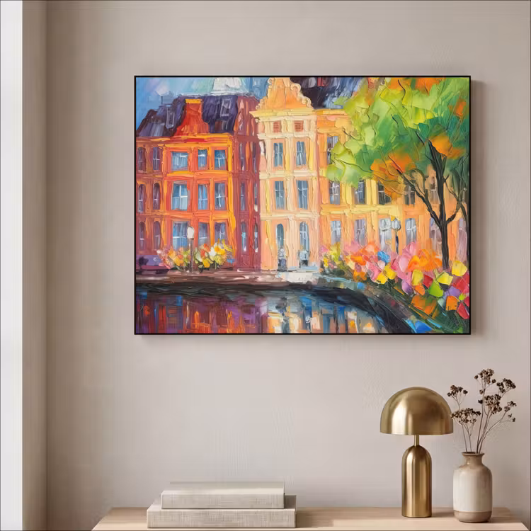 Olieverf - Amsterdam - Kunst - Kleurrijk Textielframe zwart klein -sfeer2