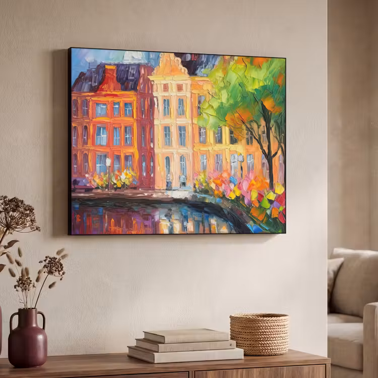 Olieverf - Amsterdam - Kunst - Kleurrijk Textielframe zwart klein -sfeer3