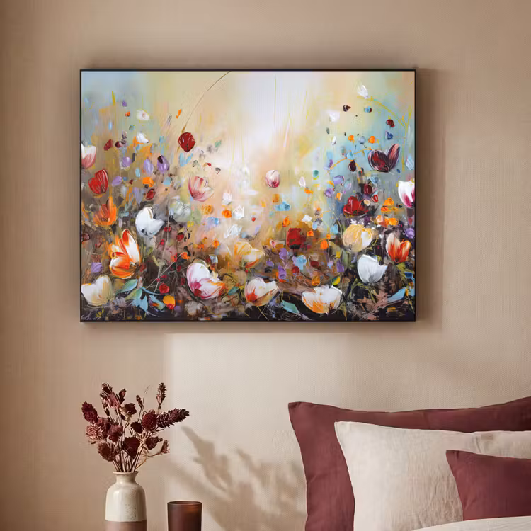 Olieverf - Bloemen - Kleurrijk - Natuur Textielframe zwart klein -sfeer1