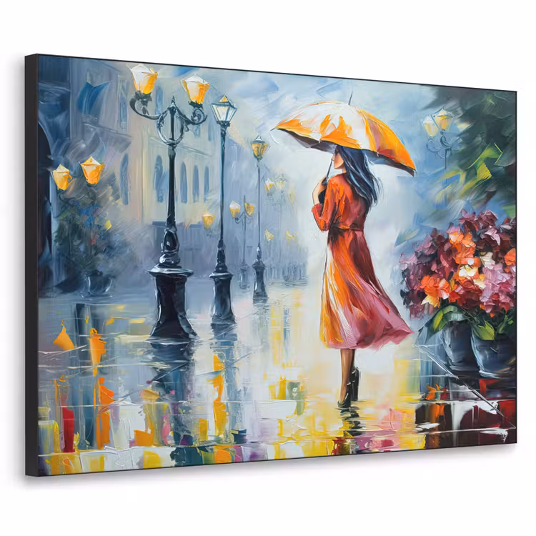 Olieverf - Paraplu - Vrouw - Straat - Kunst Textielframe zwart klein -3d