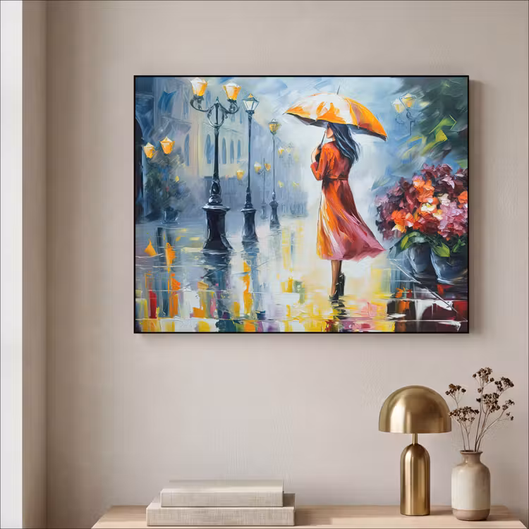 Olieverf - Paraplu - Vrouw - Straat - Kunst Textielframe zwart klein -sfeer2