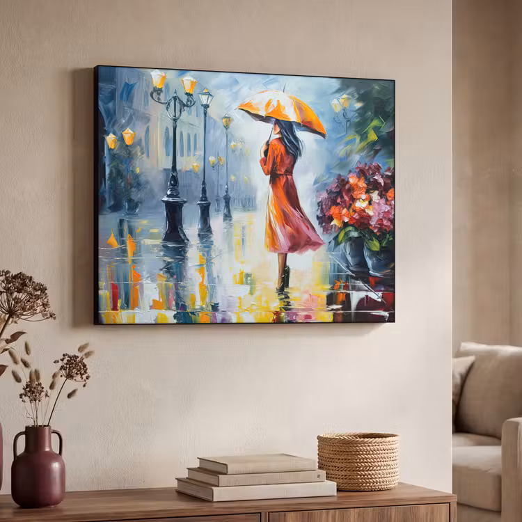 Olieverf - Paraplu - Vrouw - Straat - Kunst Textielframe zwart klein -sfeer3