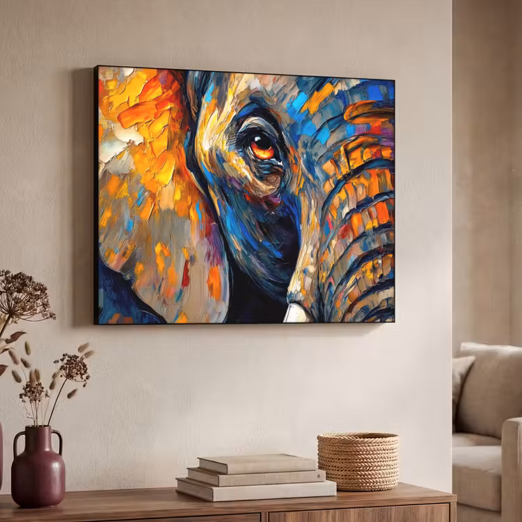 Olifant - Kunst - Dieren Textielframe zwart klein -sfeer3