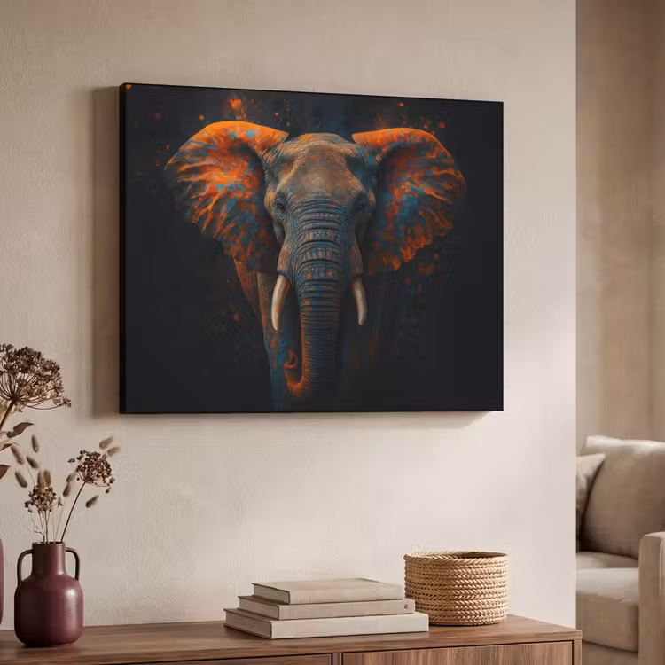 Olifant - Oranje - Oren Textielframe zwart klein -sfeer3