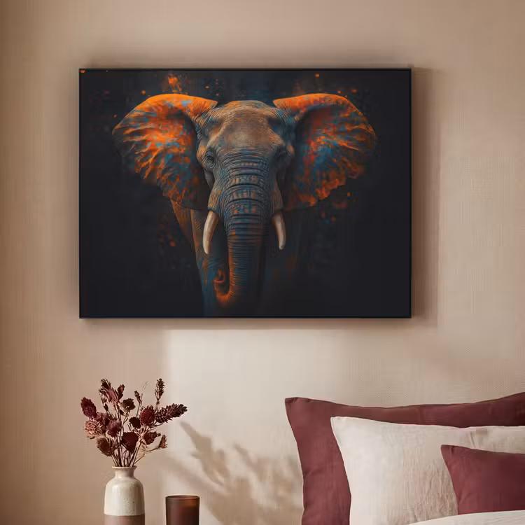 Olifant - Oranje - Oren Textielframe zwart klein -sfeer1
