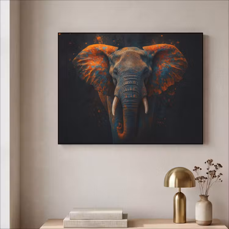 Olifant - Oranje - Oren Textielframe zwart klein -sfeer2