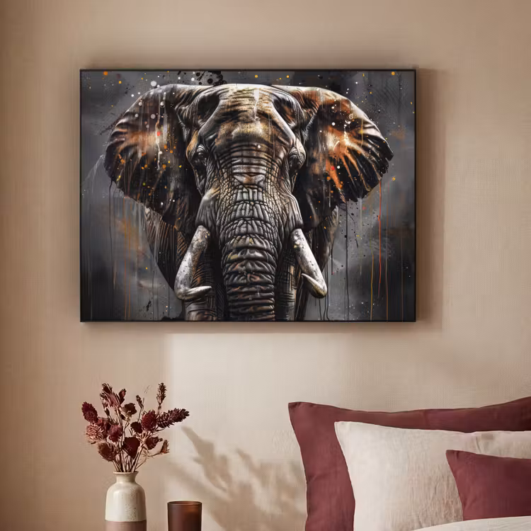 Olifant - Watercolor - Wilde dieren - Luxe Textielframe zwart klein -sfeer1