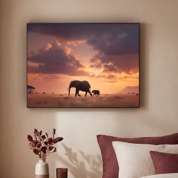 Olifanten - Grasland - Zonsondergang Textielframe zwart klein -sfeer1