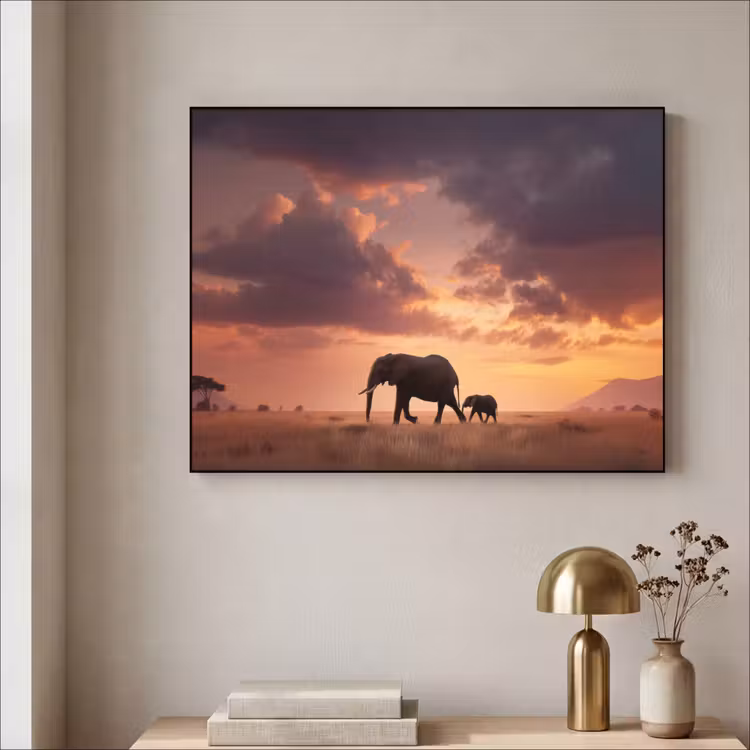 Olifanten - Grasland - Zonsondergang Textielframe zwart klein -sfeer2
