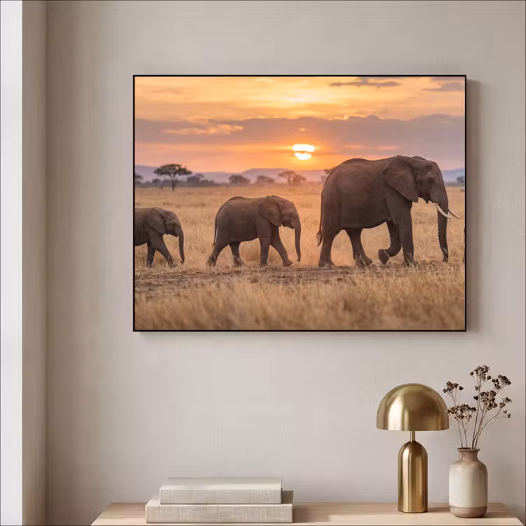 Olifanten - Savanne - Zonsondergang - Afrika - Warm Textielframe zwart klein -sfeer2
