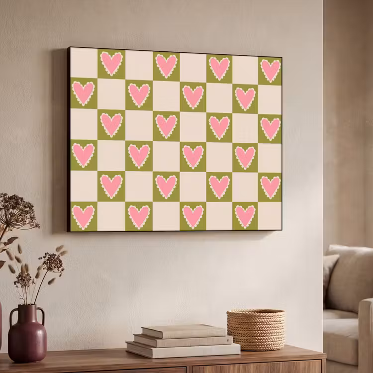 Olijfgroen - Hartjes - Patroon - Retro Textielframe zwart klein 947 -sfeer3