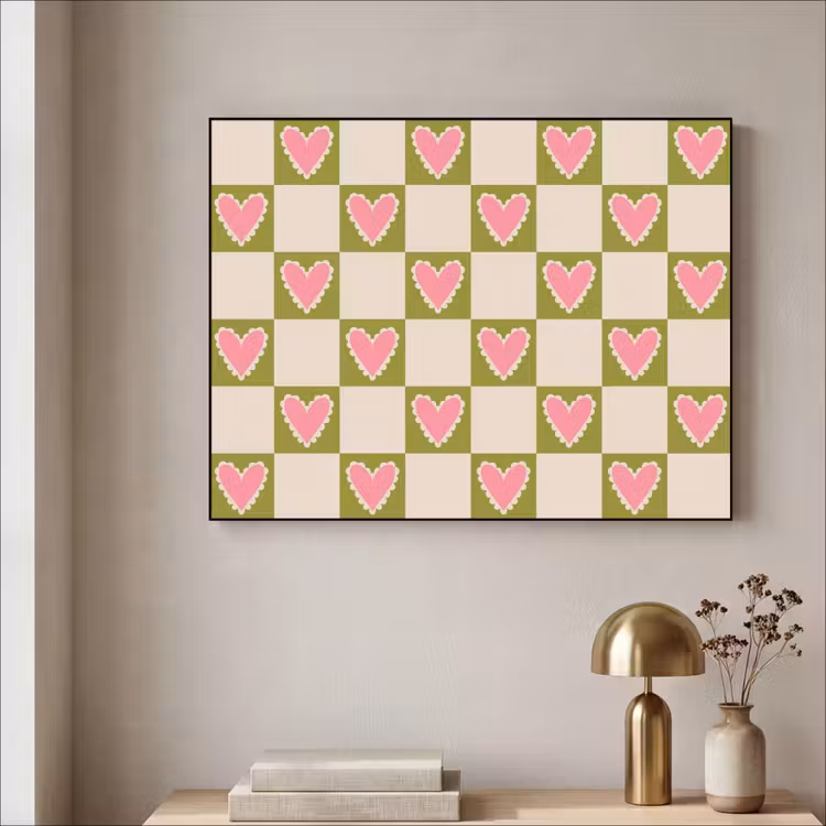 Olijfgroen - Hartjes - Patroon - Retro Textielframe - compleet frame klein 947 -sfeer2