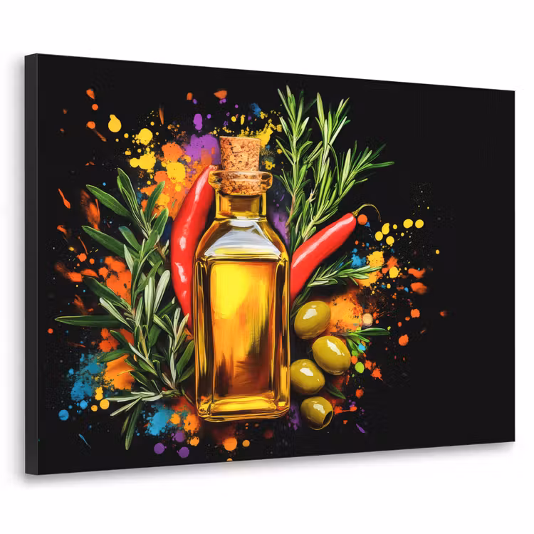 Olijfolie - Graffiti - Peper - Olijven - Modern Textielframe - compleet frame klein -3d