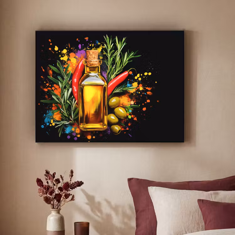 Olijfolie - Graffiti - Peper - Olijven - Modern Textielframe zwart klein -sfeer1
