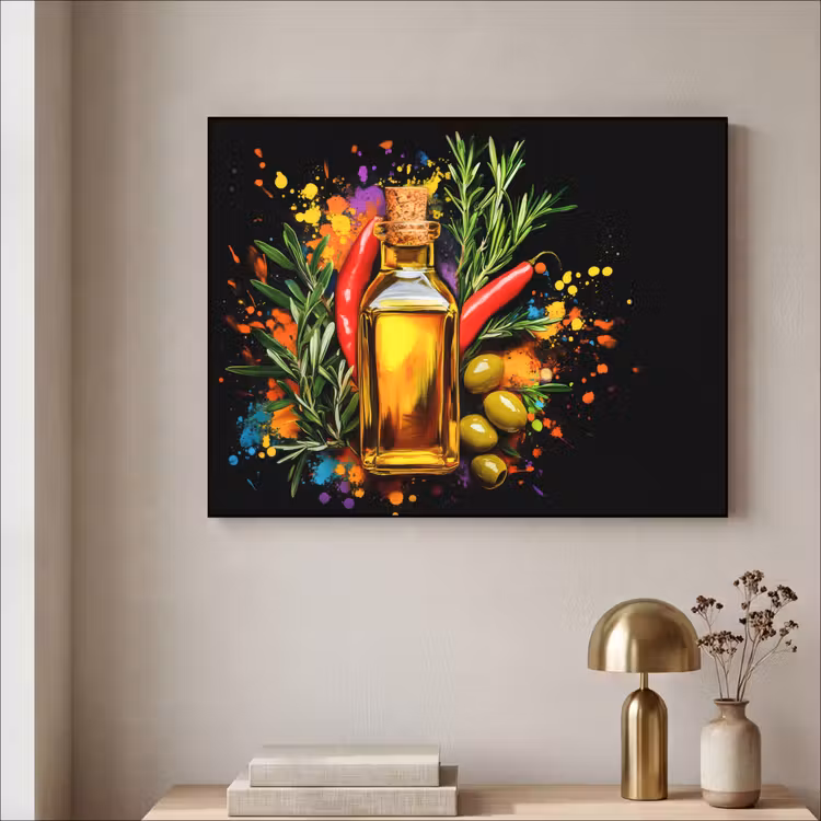 Olijfolie - Graffiti - Peper - Olijven - Modern Textielframe zwart klein -sfeer2