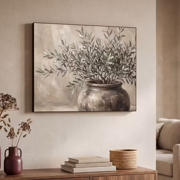 Olijfplant - Aardenpot - Abstract - Beige Textielframe zwart klein -sfeer3