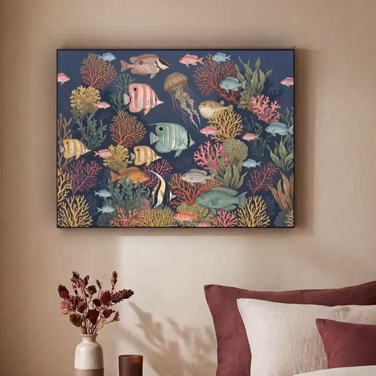 Onderwaterwereld - Vissen - Koraal - Illustratie - Kleurrijk Textielframe zwart klein -sfeer1