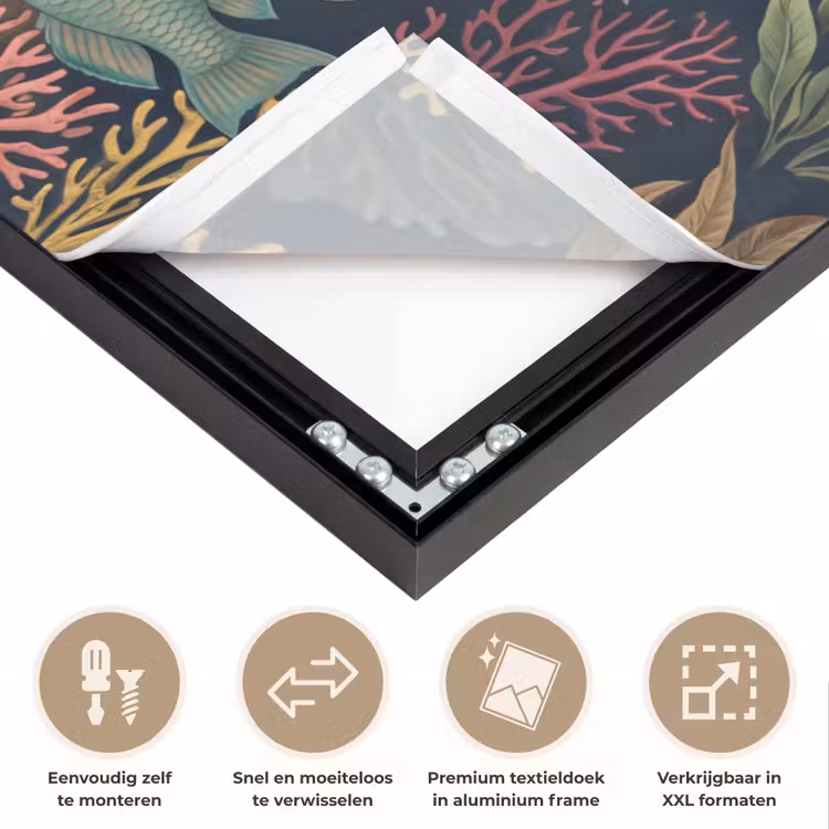 Onderwaterwereld - Vissen - Koraal - Illustratie - Kleurrijk Textielframe zwart klein -USP_closeupNL