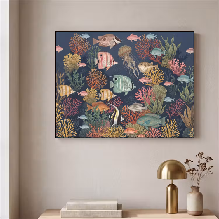 Onderwaterwereld - Vissen - Koraal - Illustratie - Kleurrijk Textielframe zwart klein -sfeer2