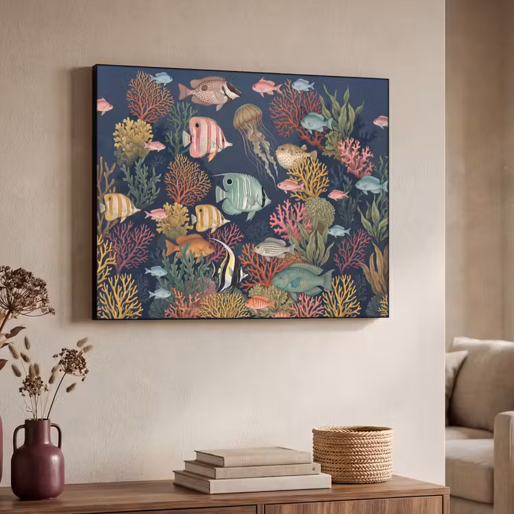Onderwaterwereld - Vissen - Koraal - Illustratie - Kleurrijk Textielframe zwart klein -sfeer3