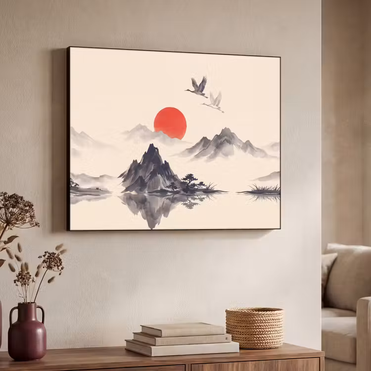 Oosters - Kraanvogels - Landschap Textielframe zwart klein -sfeer3