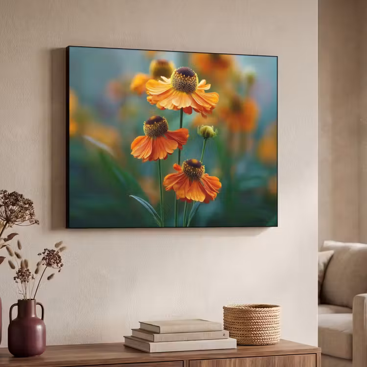 Oranje bloemen - Levendig - Wazige achtergrond Textielframe zwart klein -sfeer3