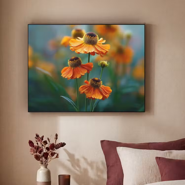Oranje bloemen - Levendig - Wazige achtergrond Textielframe zwart klein -sfeer1