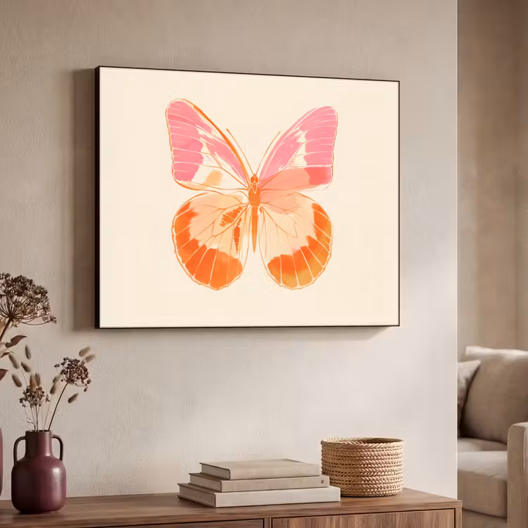 Oranje - Vlinder - Minimalistisch Textielframe zwart klein -sfeer3